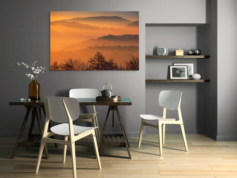 Tablou Canvas, "Răsăritul magic în munții cețoși", Culori, Apus, Pădure, Cețuri, Coline, Peisaj, Liniște, Natură, 150 x 100 cm – poza 5