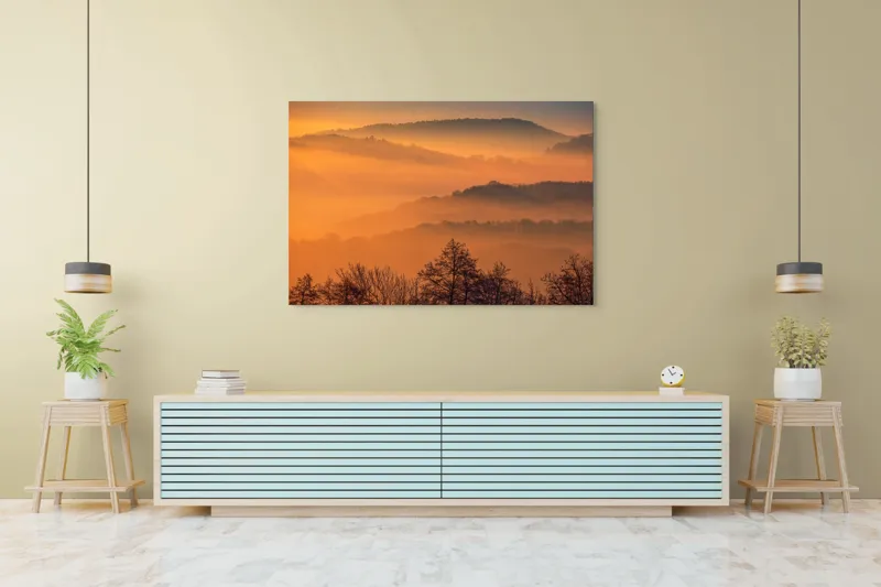 Tablou Canvas, "Răsăritul magic în munții cețoși", Culori, Apus, Pădure, Cețuri, Coline, Peisaj, Liniște, Natură, 150 x 100 cm – poza 6