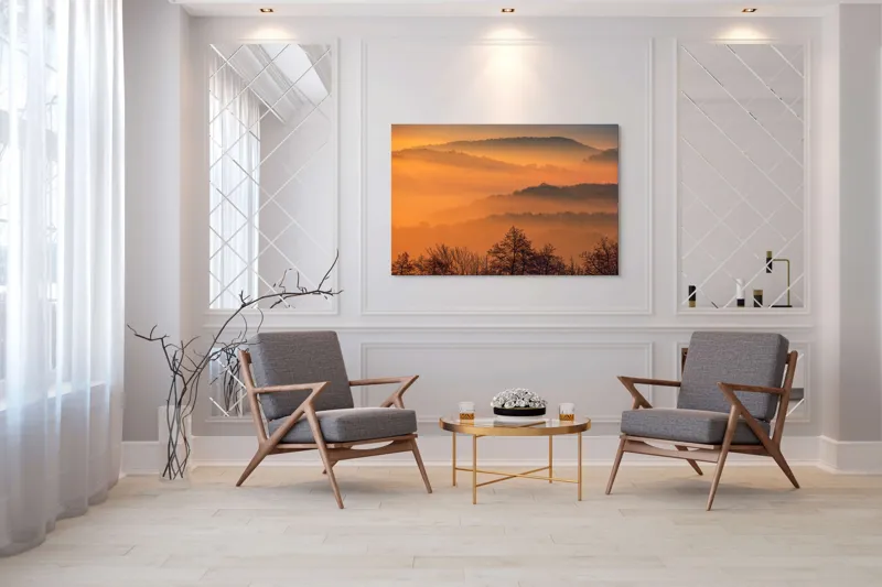 Tablou Canvas, "Răsăritul magic în munții cețoși", Culori, Apus, Pădure, Cețuri, Coline, Peisaj, Liniște, Natură, 150 x 100 cm – poza 7