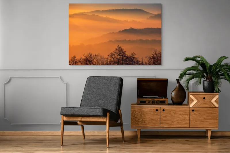 Tablou Canvas, "Răsăritul magic în munții cețoși", Culori, Apus, Pădure, Cețuri, Coline, Peisaj, Liniște, Natură, 150 x 100 cm – poza 8