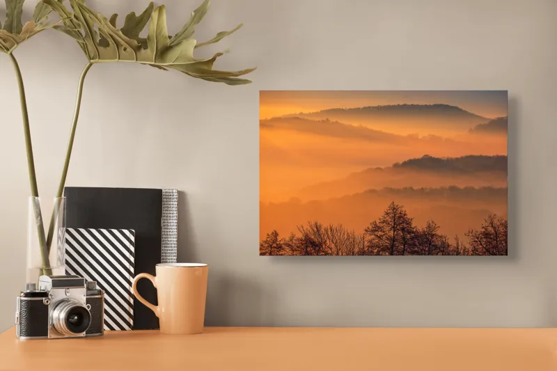 Tablou Canvas, "Răsăritul magic în munții cețoși", Culori, Apus, Pădure, Cețuri, Coline, Peisaj, Liniște, Natură, 39 x 26 cm – poza 3