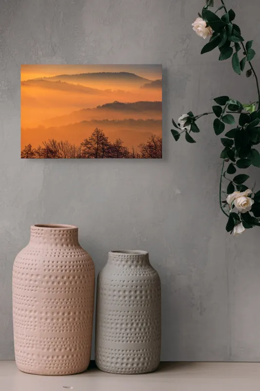 Tablou Canvas, "Răsăritul magic în munții cețoși", Culori, Apus, Pădure, Cețuri, Coline, Peisaj, Liniște, Natură, 39 x 26 cm – poza 4