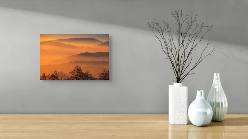 Tablou Canvas, "Răsăritul magic în munții cețoși", Culori, Apus, Pădure, Cețuri, Coline, Peisaj, Liniște, Natură, 39 x 26 cm – poza 8