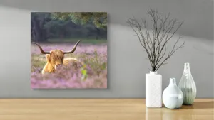 Tablou Canvas, "Vacă din Highlands printre flori mov", 50 x 50 cm – poza 3