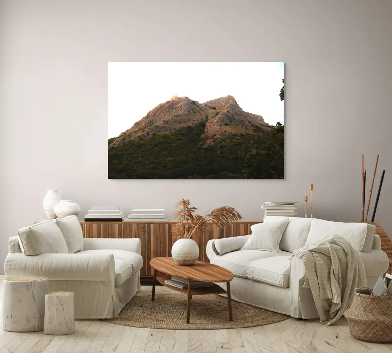 Tablou Canvas, "Muntele scăldat în lumina apusului", Piatra, Stâncoasă, Verzișoare, Abruptă, Luminoasă, 150 x 100 cm – poza 3