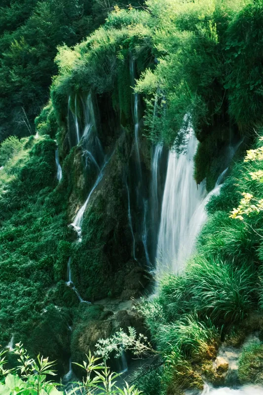 Tablou Canvas, "Cascada naturii în lumină verde", Cascadă, Vegetație, Roci, Apă, Verdeață, Natură, Lumină., 26 x 39 cm – poza 2