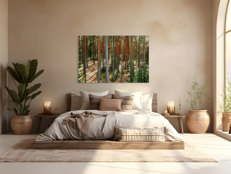 Tablou Canvas, "Coliba ascunsă în pădurea deasă", Pădure, Copaci, Cabane, Lumină, Umbre, Natură, Timp, Liniște, Verdeață, Trunchiuri, 150 x 100 cm – poza 4