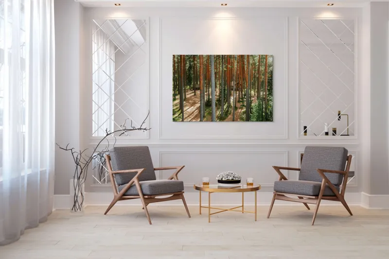 Tablou Canvas, "Coliba ascunsă în pădurea deasă", Pădure, Copaci, Cabane, Lumină, Umbre, Natură, Timp, Liniște, Verdeață, Trunchiuri, 150 x 100 cm – poza 7