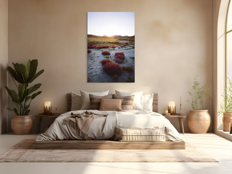 Tablou Canvas, "Apus peste câmpul înflorit uscat", Răsărit, Peisaj, Pajiște, Flori, Tufișuri, Culoare, Natură, Serenitate, Dealuri, Lumină, 100 x 150 cm – poza 3