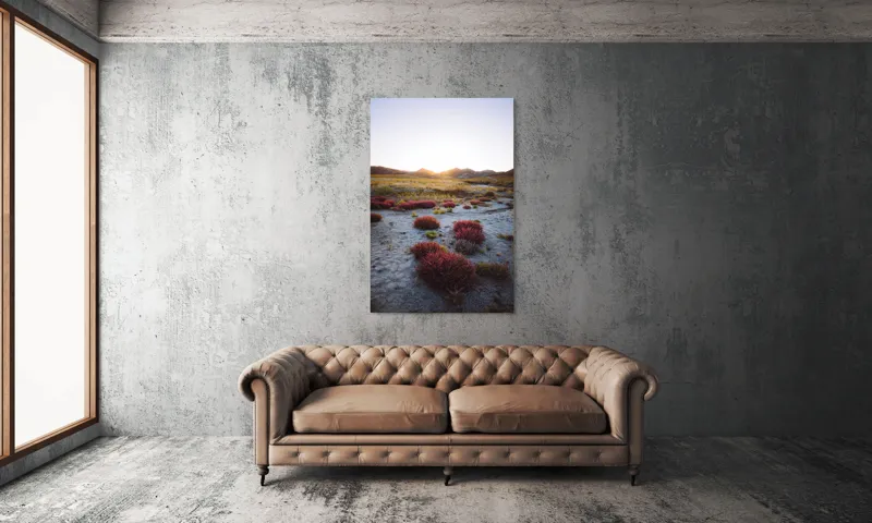 Tablou Canvas, "Apus peste câmpul înflorit uscat", Răsărit, Peisaj, Pajiște, Flori, Tufișuri, Culoare, Natură, Serenitate, Dealuri, Lumină, 100 x 150 cm – poza 6