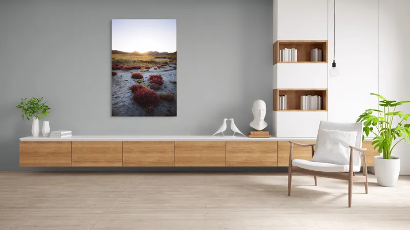 Tablou Canvas, "Apus peste câmpul înflorit uscat", Răsărit, Peisaj, Pajiște, Flori, Tufișuri, Culoare, Natură, Serenitate, Dealuri, Lumină, 100 x 150 cm – poza 8