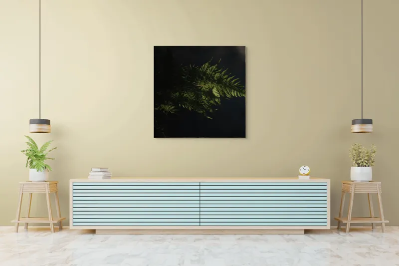 Tablou Canvas, "Frunză de ferigă în umbră", Frunză, Ferigă, Lumină, Umbre, Verde, Textură, Natural, Delicat., 100 x 100 cm – poza 5
