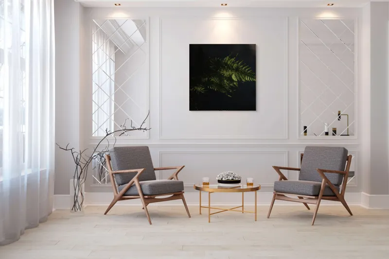 Tablou Canvas, "Frunză de ferigă în umbră", Frunză, Ferigă, Lumină, Umbre, Verde, Textură, Natural, Delicat., 100 x 100 cm – poza 7