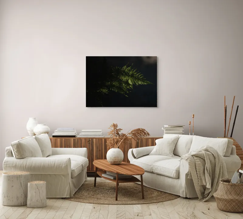 Tablou Canvas, "Frunză de ferigă în umbră", Frunză, Ferigă, Lumină, Umbre, Verde, Textură, Natural, Delicat., 100 x 70 cm – poza 3