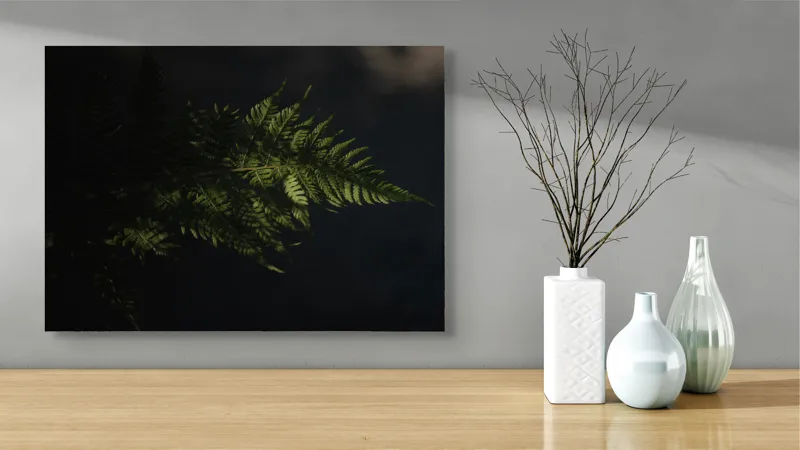 Tablou Canvas, "Frunză de ferigă în umbră", Frunză, Ferigă, Lumină, Umbre, Verde, Textură, Natural, Delicat., 70 x 50 cm – poza 3