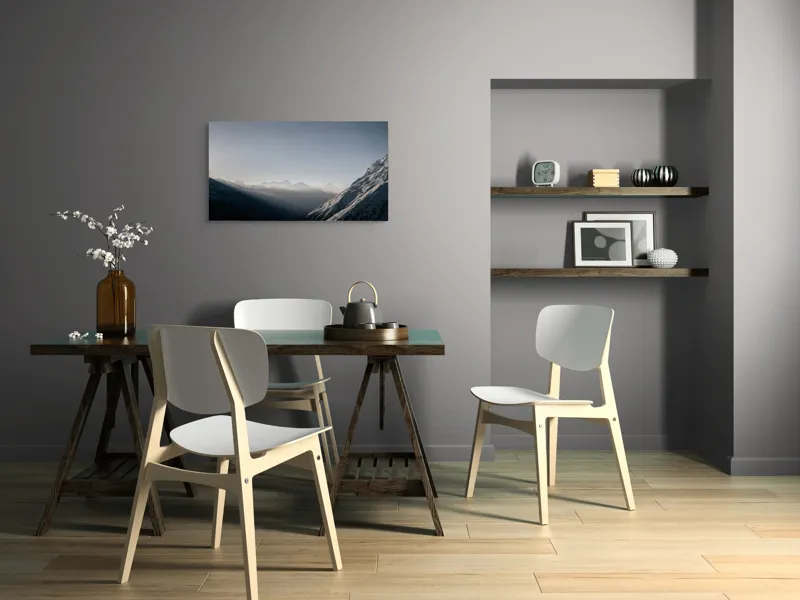 Tablou Canvas, "Dimineață senină în munții înzăpeziți", Munte, Lumină, Umbre, Albastru, Îndepărtare, Înnourat, Calm, Rece, 90 x 50 cm – poza 3