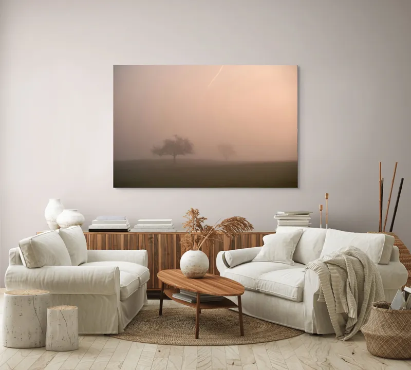 Tablou Canvas, "Copaci solitari în ceața dimineții", Ceață, Singurătate, Melancolie, Natura, Amurg, Mister, Liniște, 150 x 100 cm – poza 3
