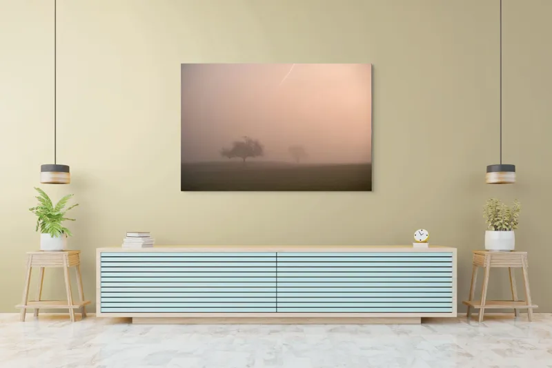 Tablou Canvas, "Copaci solitari în ceața dimineții", Ceață, Singurătate, Melancolie, Natura, Amurg, Mister, Liniște, 150 x 100 cm – poza 6