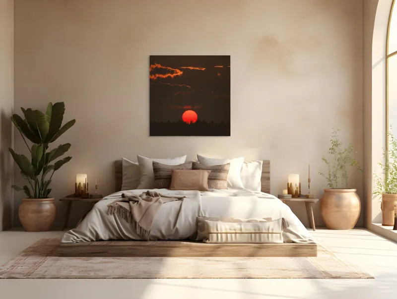 Tablou Canvas, "Soarele roșu deasupra pădurii negre", Apus, Cer, Nori, Siluetă, Pădure, Soare, Portocaliu, Întunecat, Lumină, Peisaj, 100 x 100 cm – poza 4