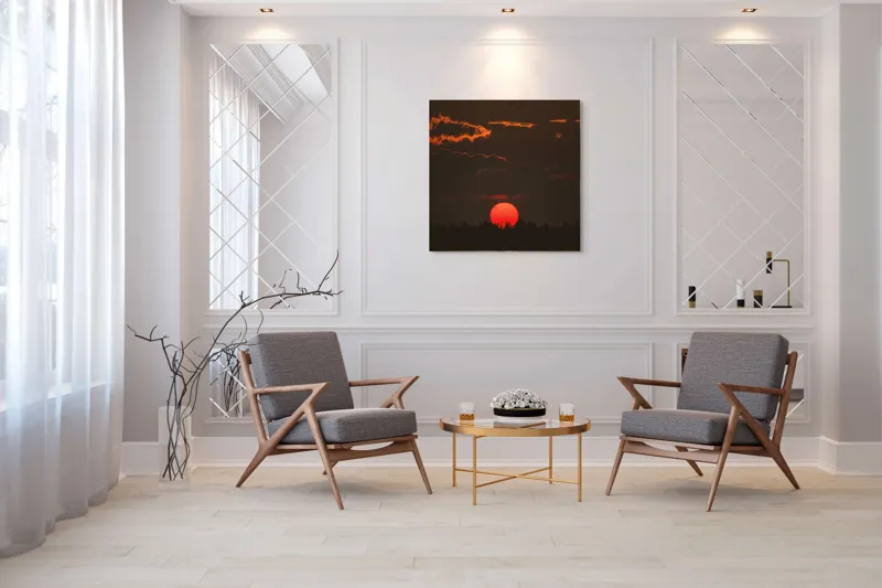 Tablou Canvas, "Soarele roșu deasupra pădurii negre", Apus, Cer, Nori, Siluetă, Pădure, Soare, Portocaliu, Întunecat, Lumină, Peisaj, 100 x 100 cm – poza 7
