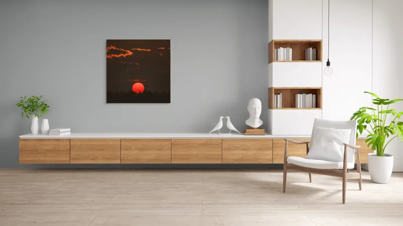 Tablou Canvas, "Soarele roșu deasupra pădurii negre", Apus, Cer, Nori, Siluetă, Pădure, Soare, Portocaliu, Întunecat, Lumină, Peisaj, 100 x 100 cm – poza 8