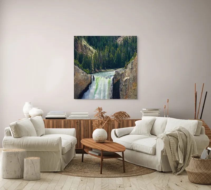 Tablou Canvas, "Cascada în sălbăticia munților verzi", Cascade, Pădure, Stânci, Râu, Verde, Natură, Grandios, Peisaj, Aerian., 100 x 100 cm – poza 3