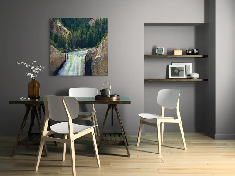 Tablou Canvas, "Cascada în sălbăticia munților verzi", Cascade, Pădure, Stânci, Râu, Verde, Natură, Grandios, Peisaj, Aerian., 100 x 100 cm – poza 6