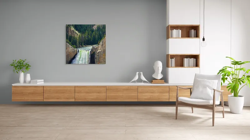Tablou Canvas, "Cascada în sălbăticia munților verzi", Cascade, Pădure, Stânci, Râu, Verde, Natură, Grandios, Peisaj, Aerian., 100 x 100 cm – poza 8
