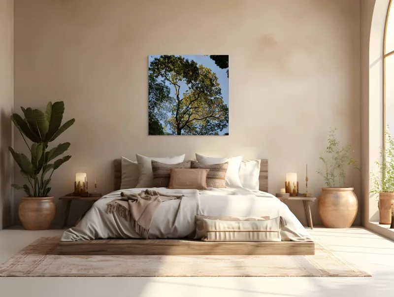 Tablou Canvas, "Copacul în lumina amurgului liniștit", Copac, Cer, Frunziș, Apus, Lumină, Ramuri, Natură, Atmosferă, Verdeață, Tranquilitate, 100 x 100 cm – poza 4