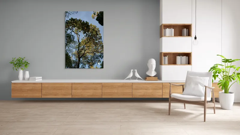 Tablou Canvas, "Copacul în lumina amurgului liniștit", Copac, Cer, Frunziș, Apus, Lumină, Ramuri, Natură, Atmosferă, Verdeață, Tranquilitate, 100 x 150 cm – poza 8