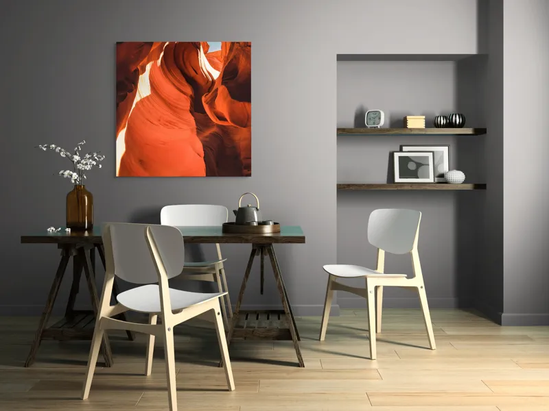 Tablou Canvas, "Lumina dansând printre stânci roșii", Curbe, Nisip, Umbre, Lumini, Straturi, Portocaliu, Albastru, Forma, Adancime, Texturi, 100 x 100 cm – poza 6