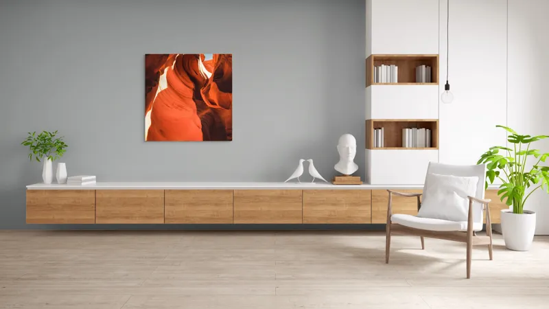 Tablou Canvas, "Lumina dansând printre stânci roșii", Curbe, Nisip, Umbre, Lumini, Straturi, Portocaliu, Albastru, Forma, Adancime, Texturi, 100 x 100 cm – poza 8