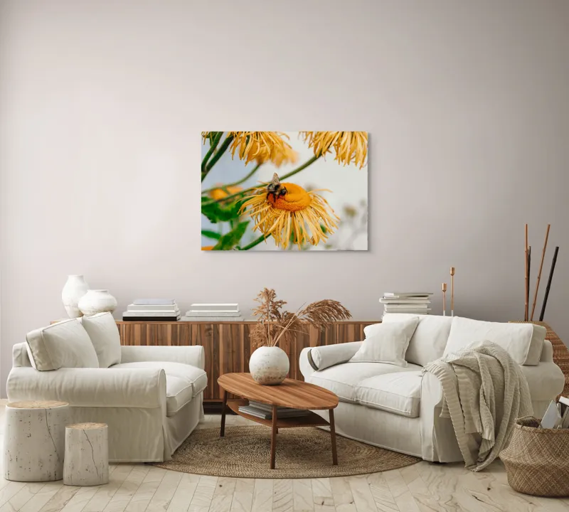 Tablou Canvas, "Albina și floarea galbenă luminoasă", Floare, Albina, Galben, Verde, Frunziș, Natură, Polenizare, Petale, Delicatețe, 100 x 70 cm – poza 3