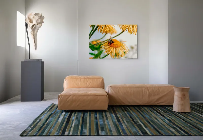 Tablou Canvas, "Albina și floarea galbenă luminoasă", Floare, Albina, Galben, Verde, Frunziș, Natură, Polenizare, Petale, Delicatețe, 100 x 70 cm – poza 7