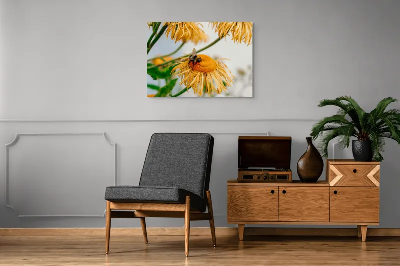 Tablou Canvas, "Albina și floarea galbenă luminoasă", Floare, Albina, Galben, Verde, Frunziș, Natură, Polenizare, Petale, Delicatețe, 100 x 70 cm – poza 8