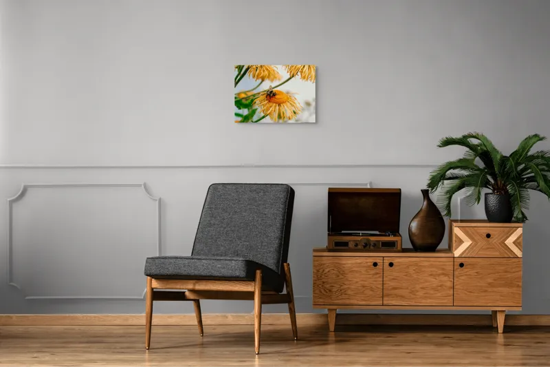 Tablou Canvas, "Albina și floarea galbenă luminoasă", Floare, Albina, Galben, Verde, Frunziș, Natură, Polenizare, Petale, Delicatețe, 54 x 39 cm – poza 7