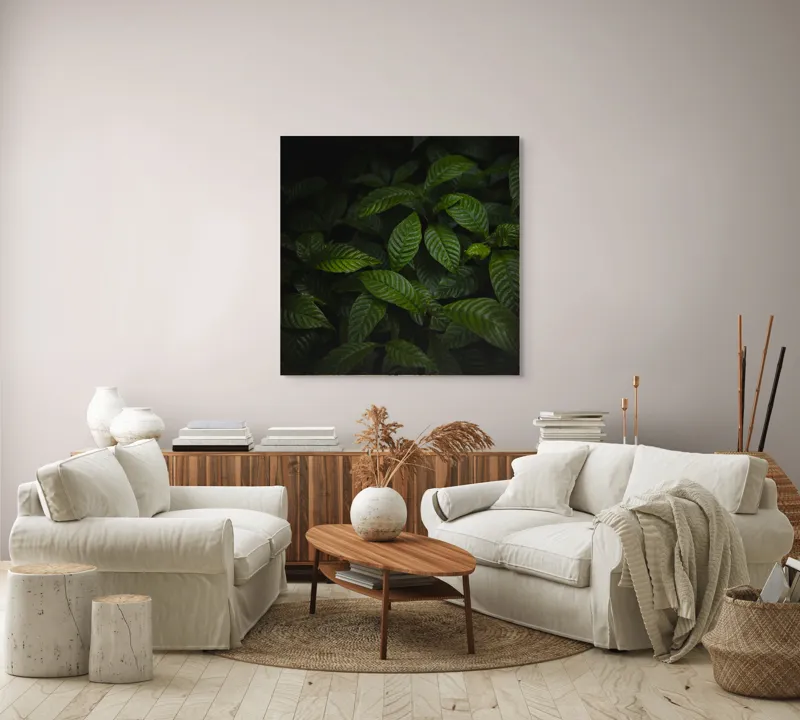 Tablou Canvas, "Frunzele întunericului pădurii verzi", Frunziș, Întuneric, Verde, Textură, Natură, Lumină, Umbre, Viu, Calm, Organic, 100 x 100 cm – poza 3
