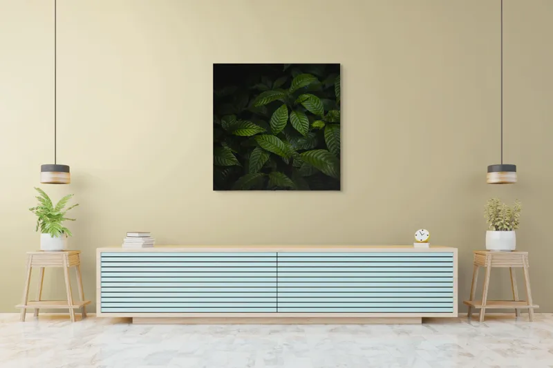 Tablou Canvas, "Frunzele întunericului pădurii verzi", Frunziș, Întuneric, Verde, Textură, Natură, Lumină, Umbre, Viu, Calm, Organic, 100 x 100 cm – poza 5
