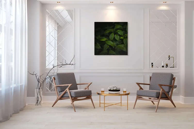Tablou Canvas, "Frunzele întunericului pădurii verzi", Frunziș, Întuneric, Verde, Textură, Natură, Lumină, Umbre, Viu, Calm, Organic, 100 x 100 cm – poza 7