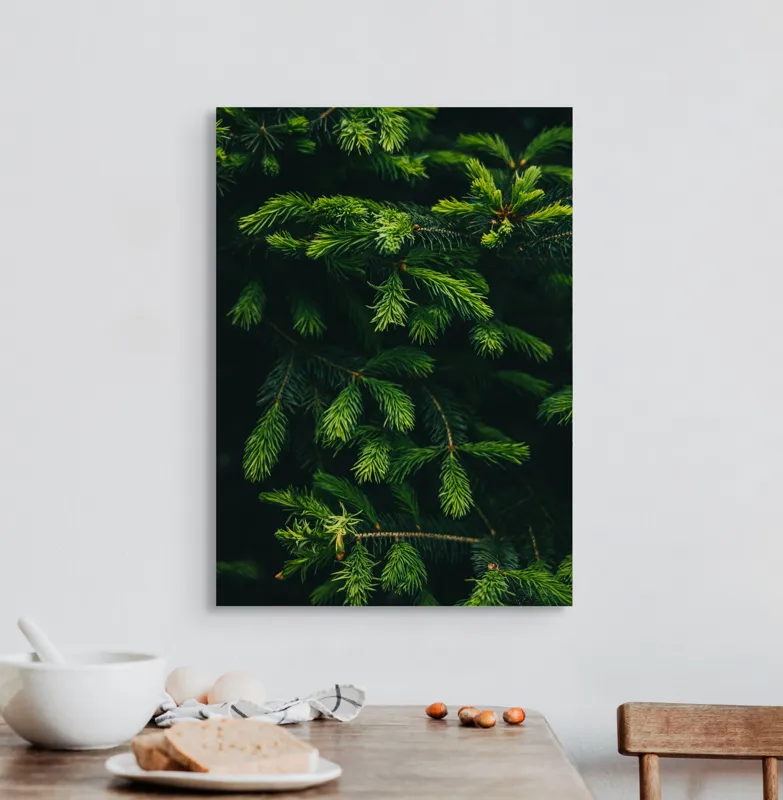 Tablou Canvas, "Crengile verzi ale unui brad", Verde, Frunze, Ramuri, Natura, Textura, 50 x 70 cm – poza 3