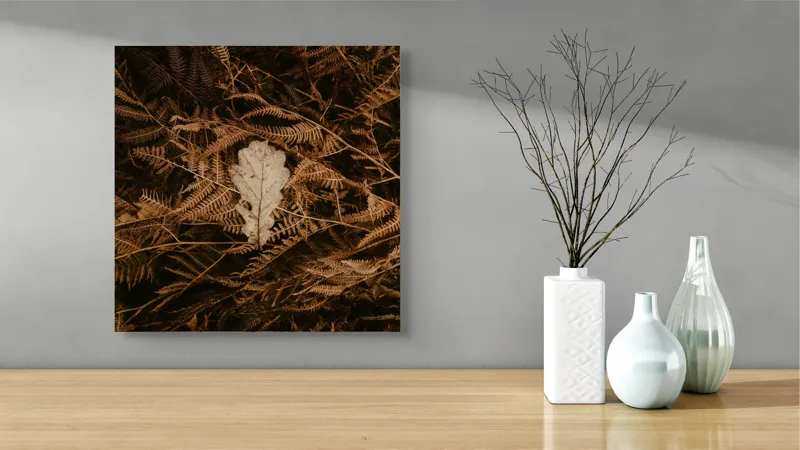 Tablou Canvas, "Frunza de stejar în covorul toamnei", Frunze, Toamnă, Contrast, Natură, Textură, Cădere, Întuneric, Simplitate, 50 x 50 cm – poza 3