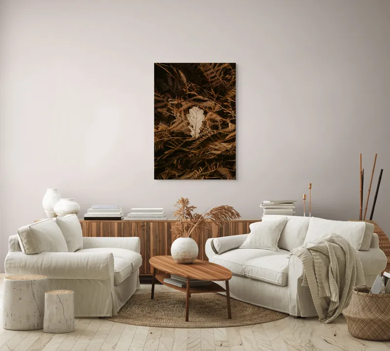 Tablou Canvas, "Frunza de stejar în covorul toamnei", Frunze, Toamnă, Contrast, Natură, Textură, Cădere, Întuneric, Simplitate, 70 x 100 cm – poza 4