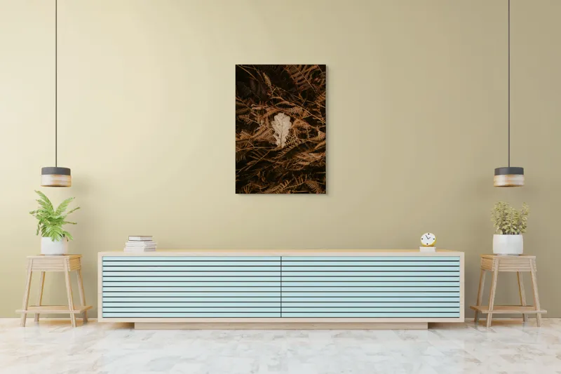 Tablou Canvas, "Frunza de stejar în covorul toamnei", Frunze, Toamnă, Contrast, Natură, Textură, Cădere, Întuneric, Simplitate, 70 x 100 cm – poza 5