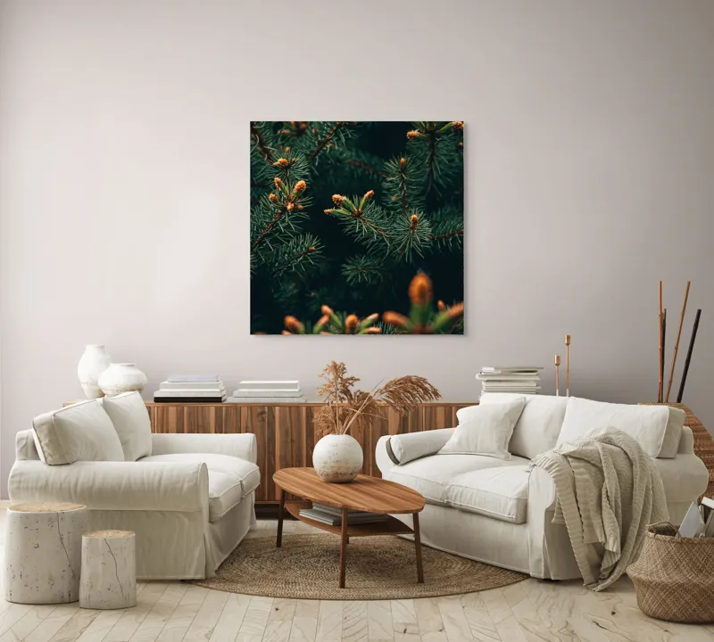 Tablou Canvas, "Primăvara în renaştere printre brazi", Brad, Verde, Frunze, Ramuri, Natură, Muguri, Textură, Aproape, 100 x 100 cm – poza 3