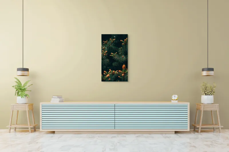 Tablou Canvas, "Primăvara în renaştere printre brazi", Brad, Verde, Frunze, Ramuri, Natură, Muguri, Textură, Aproape, 50 x 90 cm – poza 6