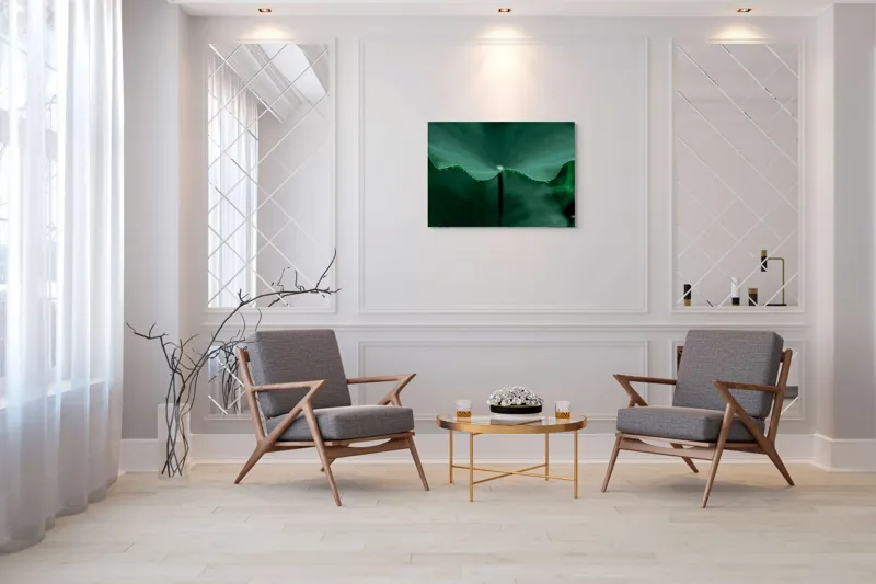 Tablou Canvas, "Ritm de picături pe frunză verde", Verde, Frunze, Picături, Rouă, Natură, Serenitate., 100 x 70 cm – poza 5