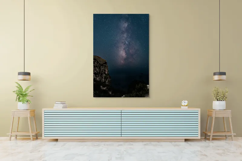 Tablou Canvas, "Calea Lactee deasupra stâncilor întunecate", Stele, Cer, Clif, Noapte, Galaxie, Strălucire, Infinit, Natură, Mister, Frumusețe, 100 x 150 cm – poza 4