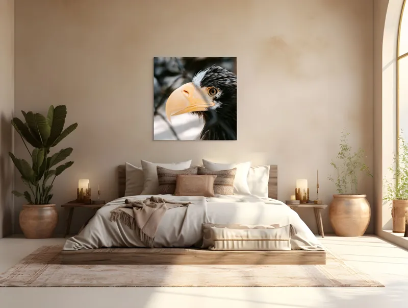 Tablou Canvas, "Privirea vulturului puternic și mândru", Pene, Cioc, Privire, Contrast, Textura, 100 x 100 cm – poza 4