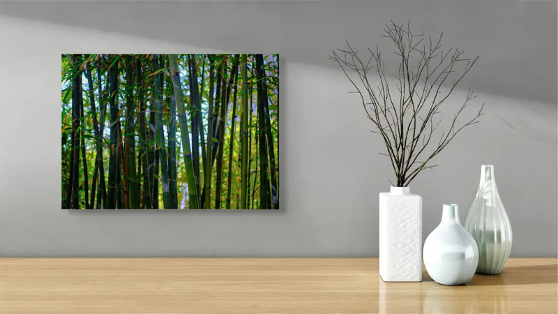 Tablou Canvas, "Pădurea liniștită de bambus verde", Bambus, Frunziș, Verde, Densitate, Natură, Lumină, Trunchiuri, Vegetație, Seral, Textură, 54 x 39 cm – poza 3