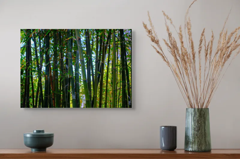 Tablou Canvas, "Pădurea liniștită de bambus verde", Bambus, Frunziș, Verde, Densitate, Natură, Lumină, Trunchiuri, Vegetație, Seral, Textură, 54 x 39 cm – poza 4